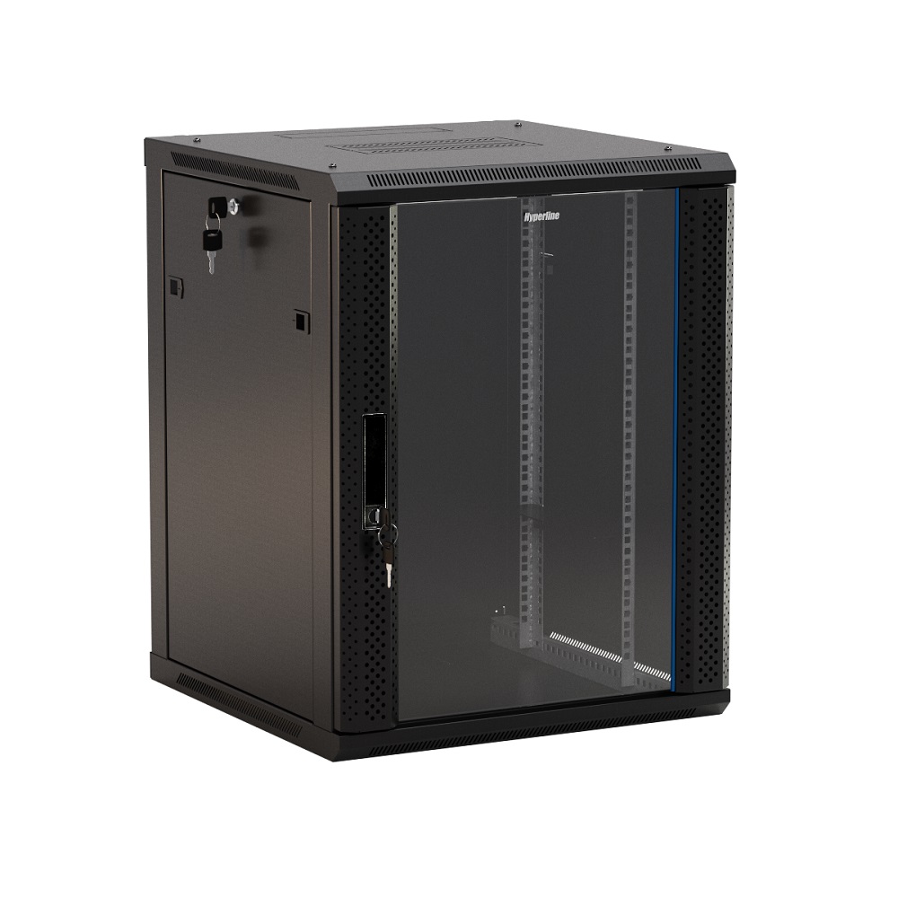 Шкаф TWB-0966-GP-RAL9004 телекоммуникационный 9U (500x600х600), дверь стекло с перфорацией по бокам, черный Hyperline
